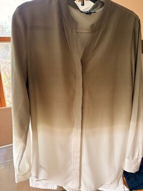 Tribal Khaki Army Green Cream Ombre Blouse Shirt Top Buttondown--Womens Medium